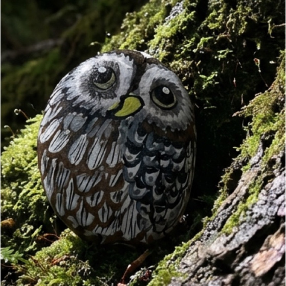 Hand crafted painted owl rock black white brown yellow 2x2 inches approximately